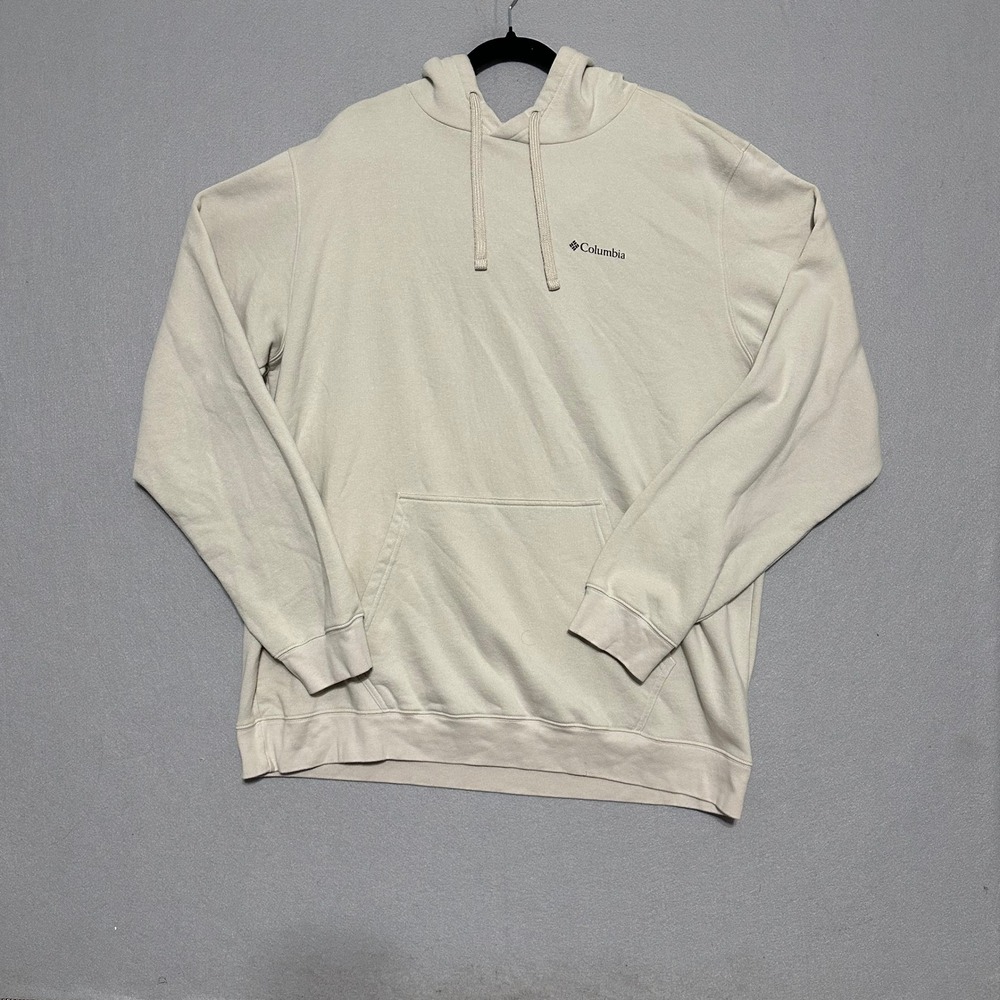 Columbia Mens XLT Tall Hoodie Beige Mountain Graphic Fleece Pullover Sweatshirt